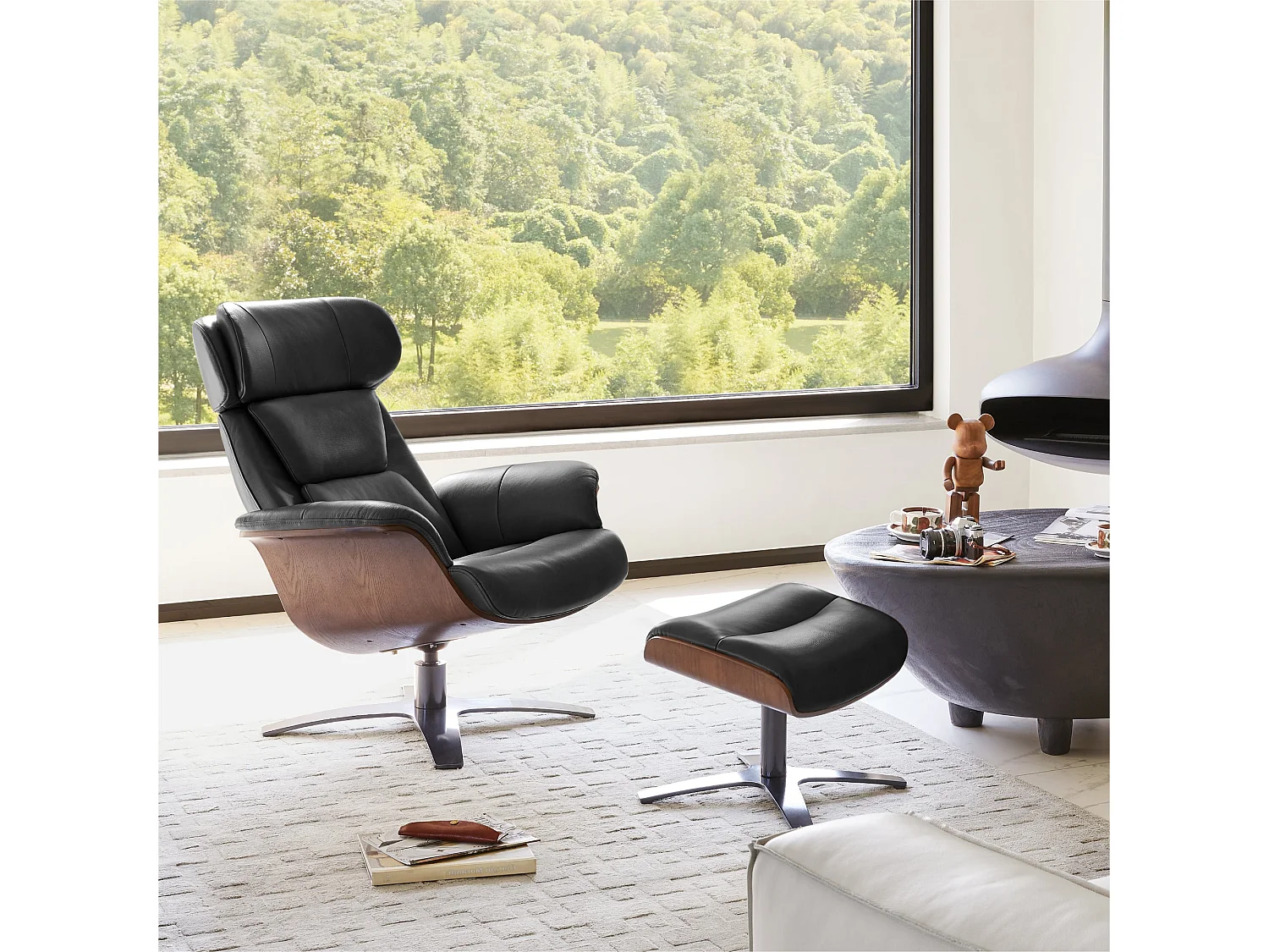 Fauteuil Inclinable Et Pivotant En Cuir Véritable CHITA, Avec Appui-Tête Et Coussin Réglables, Pour Salon, Assise Sellier-Noir