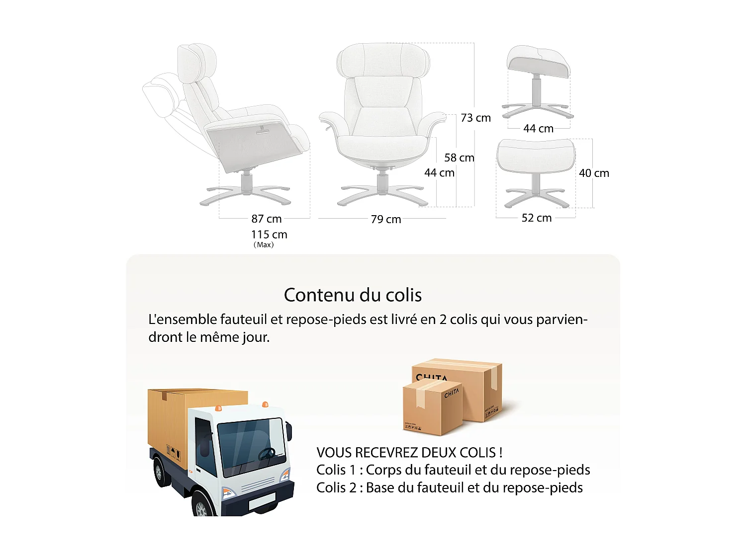 Fauteuil Inclinable Et Pivotant En Cuir Véritable CHITA, Avec Appui-Tête Et Coussin Réglables, Pour Salon, Assise Sellier-Noir