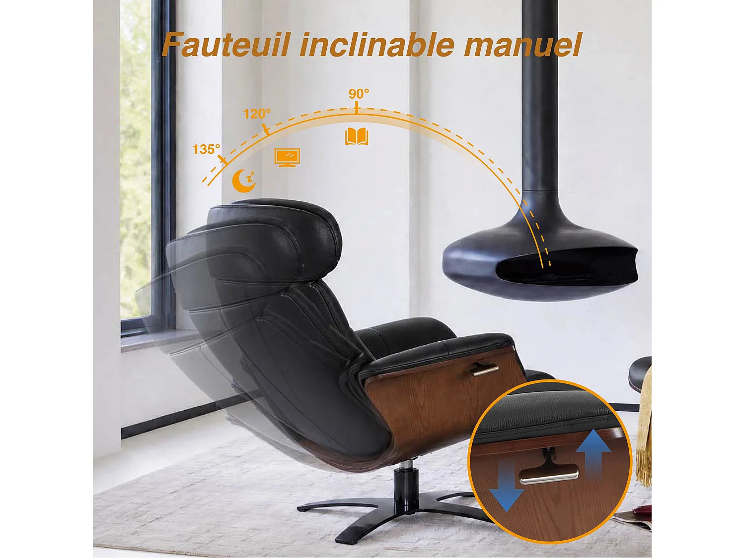 Fauteuil Inclinable Et Pivotant En Cuir Véritable CHITA, Avec Appui-Tête Et Coussin Réglables, Pour Salon, Assise Sellier-Noir