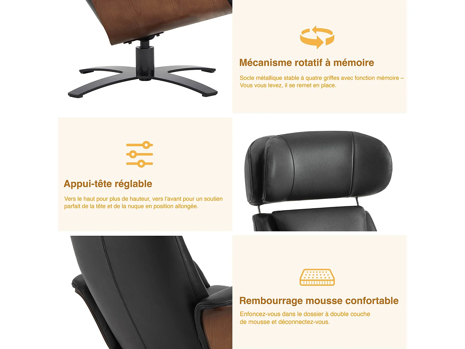Fauteuil Inclinable Et Pivotant En Cuir Véritable CHITA, Avec Appui-Tête Et Coussin Réglables, Pour Salon, Assise Sellier-Noir