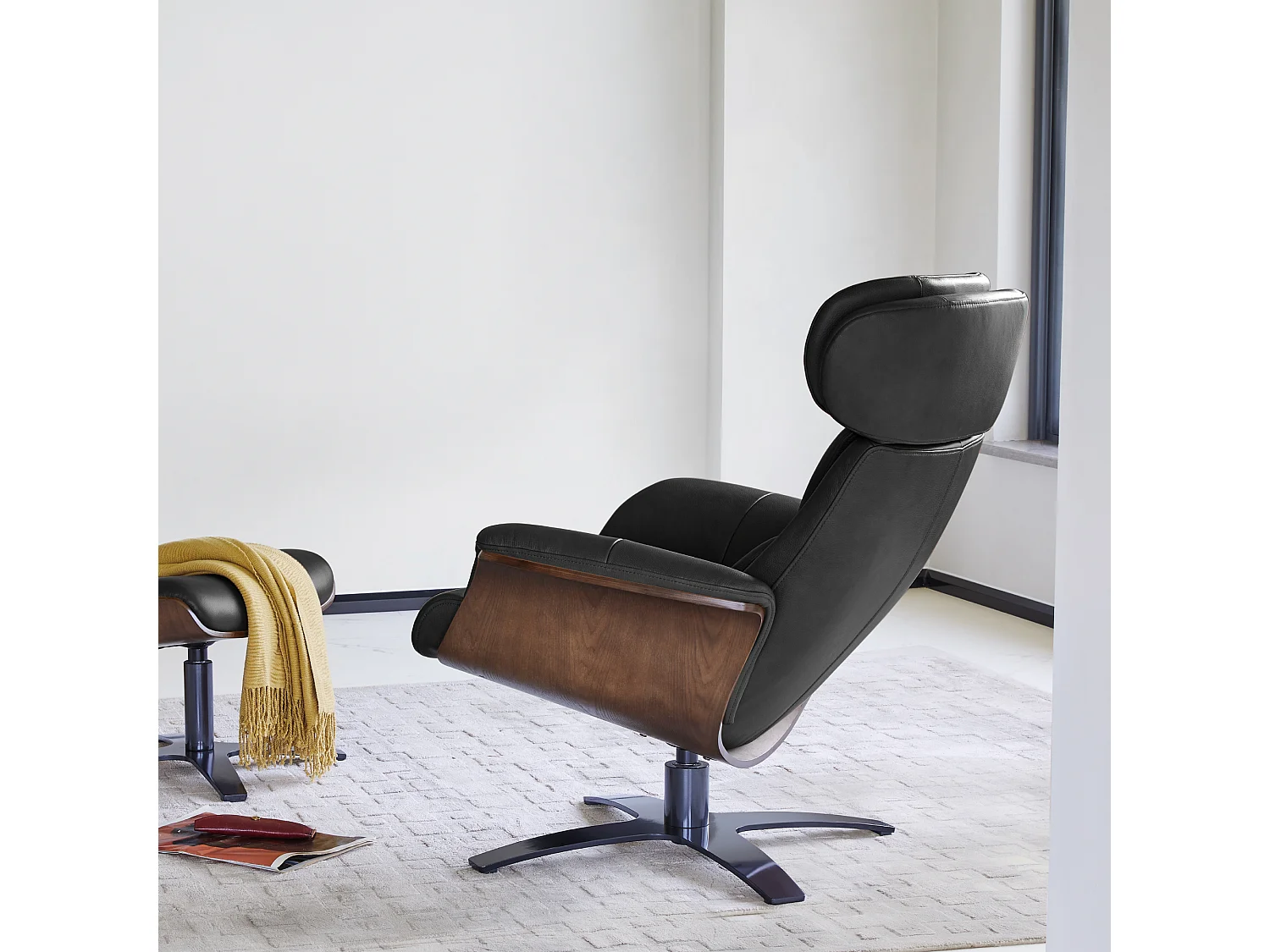 Fauteuil Inclinable Et Pivotant En Cuir Véritable CHITA, Avec Appui-Tête Et Coussin Réglables, Pour Salon, Assise Sellier-Noir