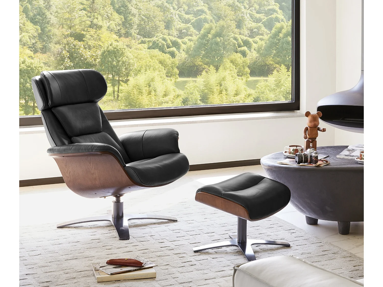 Fauteuil Inclinable Et Pivotant En Cuir Véritable CHITA, Avec Appui-Tête Et Coussin Réglables, Pour Salon, Assise Sellier-Noir