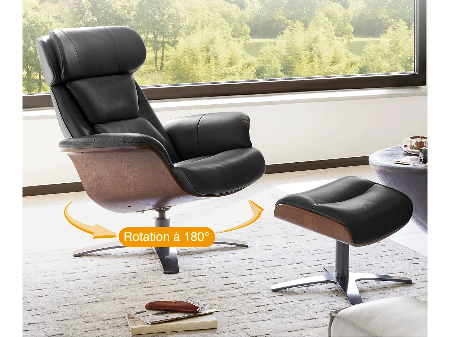 Fauteuil Inclinable Et Pivotant En Cuir Véritable CHITA, Avec Appui-Tête Et Coussin Réglables, Pour Salon, Assise Sellier-Noir