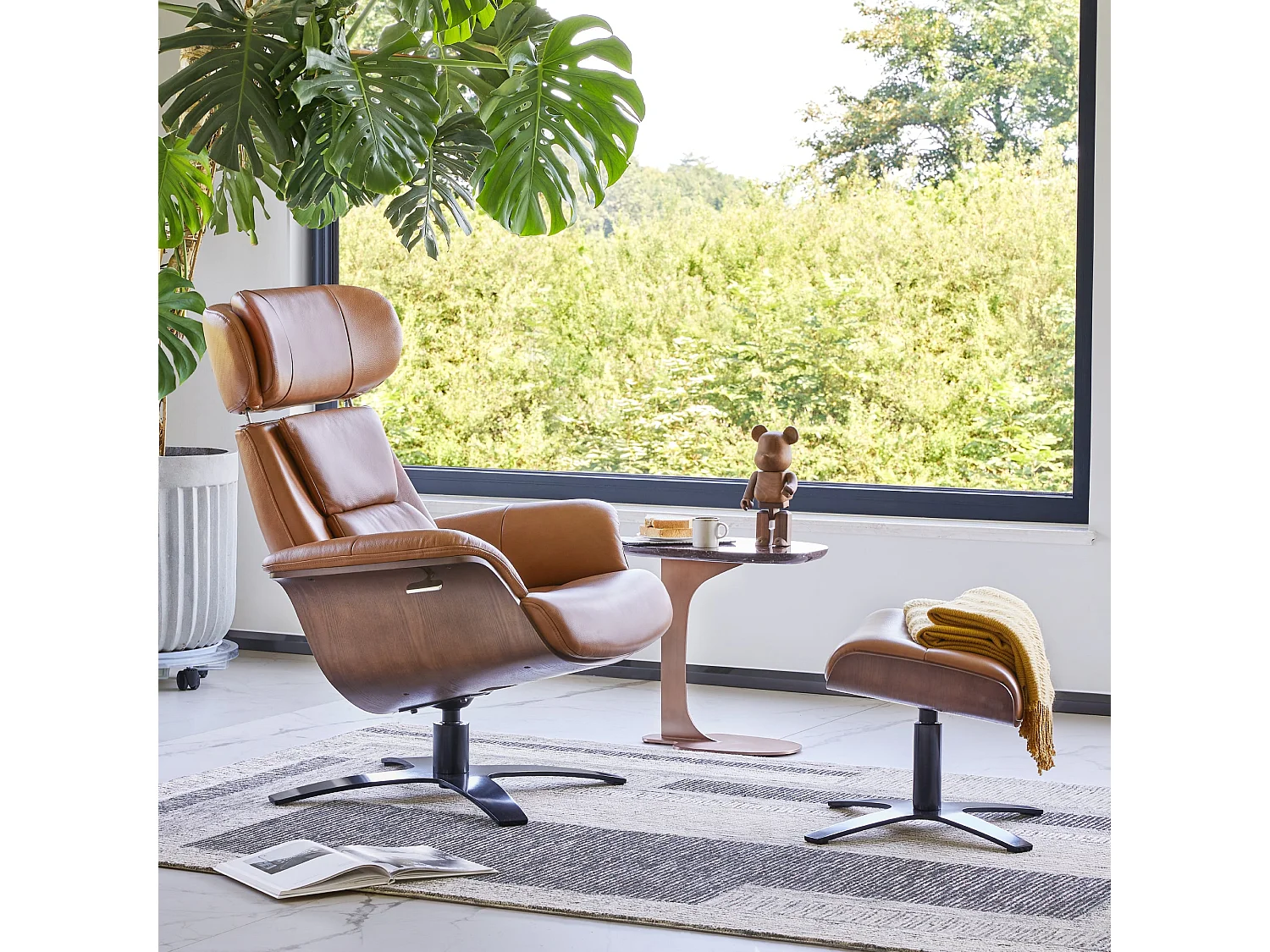 Fauteuil inclinable pivotant CHITA en cuir véritable, appui-tête et assise réglables, pour Salon – Selle-Marron