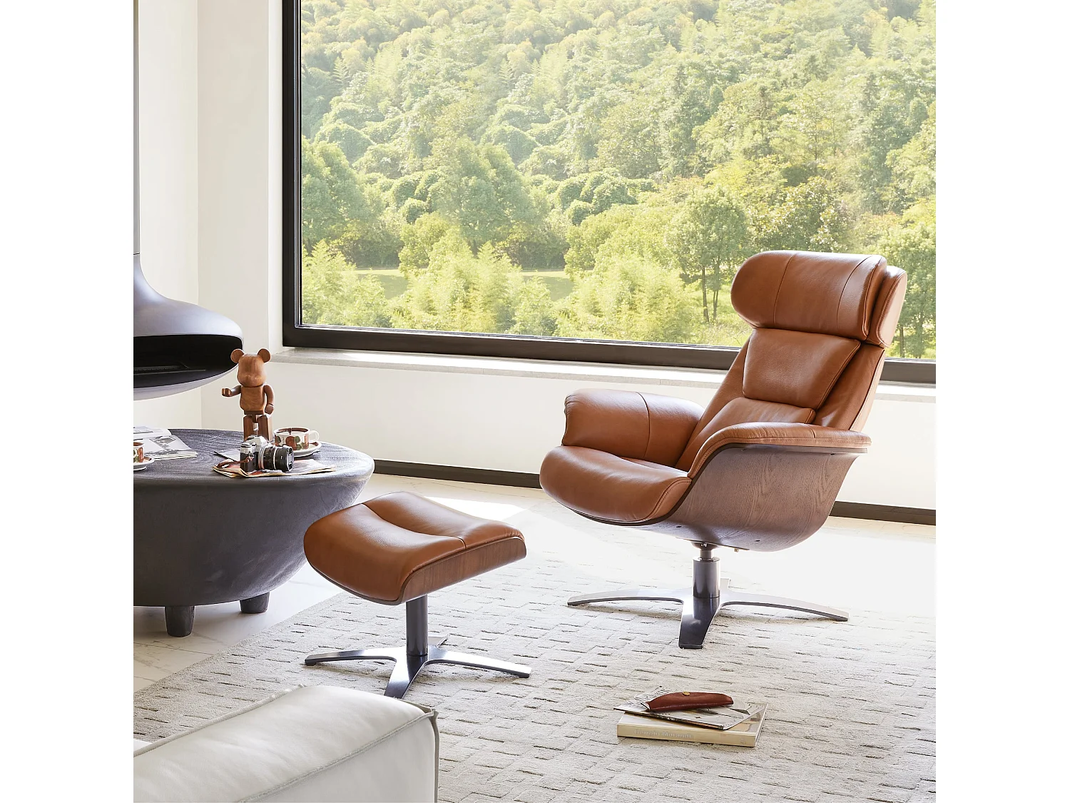 Fauteuil inclinable pivotant CHITA en cuir véritable, appui-tête et assise réglables, pour Salon – Selle-Marron