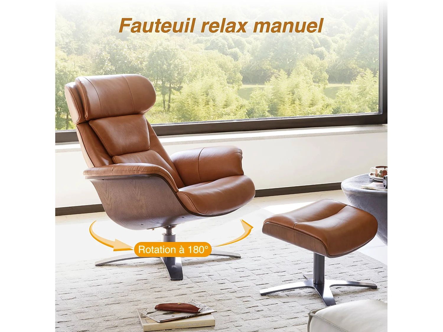Fauteuil inclinable pivotant CHITA en cuir véritable, appui-tête et assise réglables, pour Salon – Selle-Marron