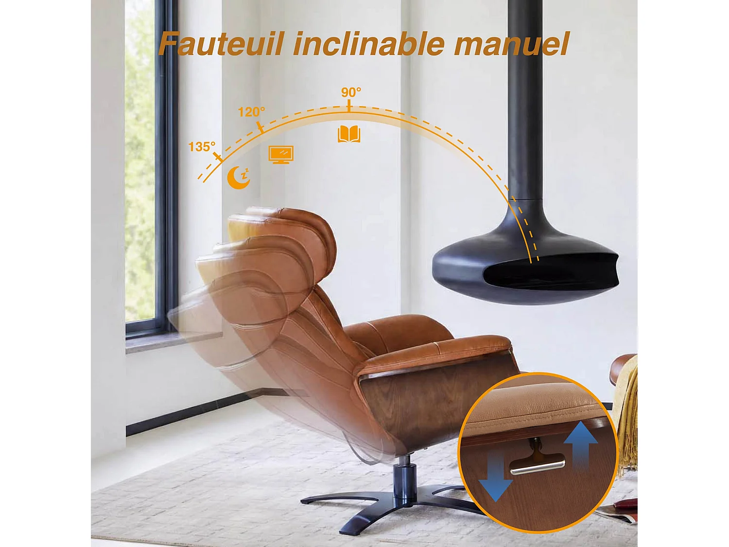 Fauteuil inclinable pivotant CHITA en cuir véritable, appui-tête et assise réglables, pour Salon – Selle-Marron
