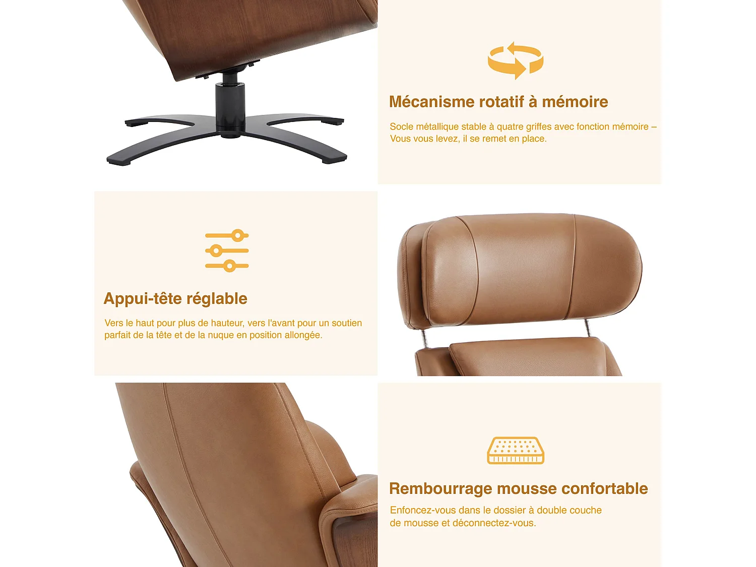 Fauteuil inclinable pivotant CHITA en cuir véritable, appui-tête et assise réglables, pour Salon – Selle-Marron