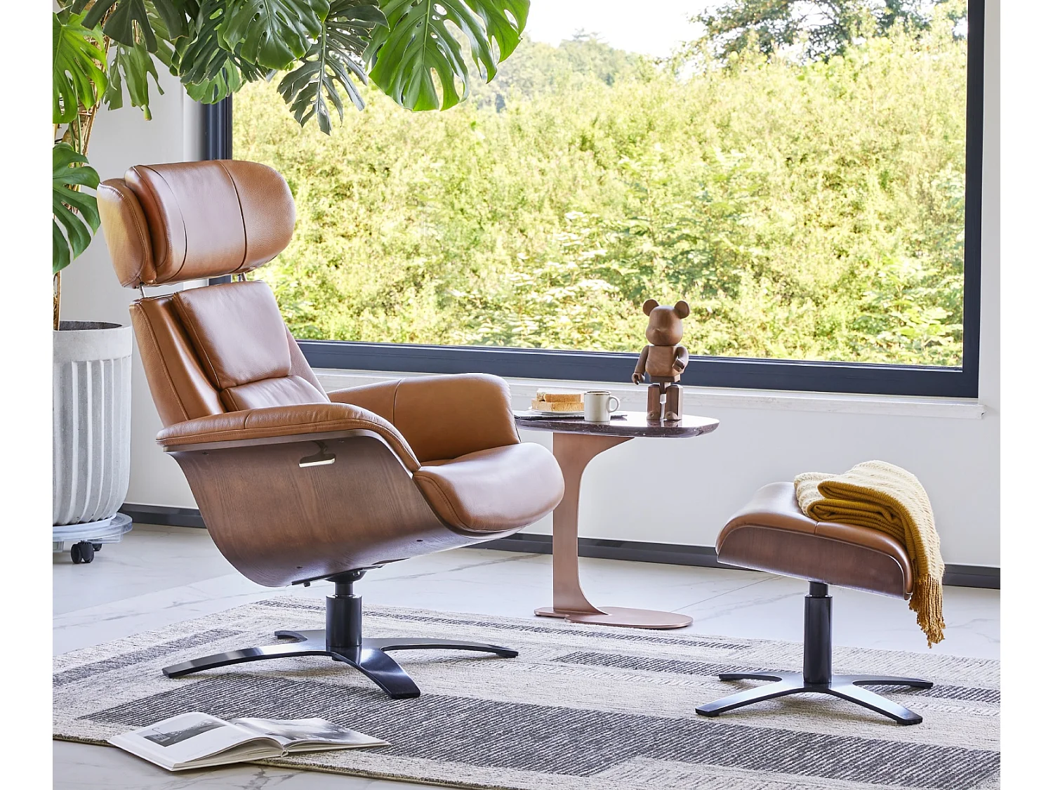 Fauteuil inclinable pivotant CHITA en cuir véritable, appui-tête et assise réglables, pour Salon – Selle-Marron