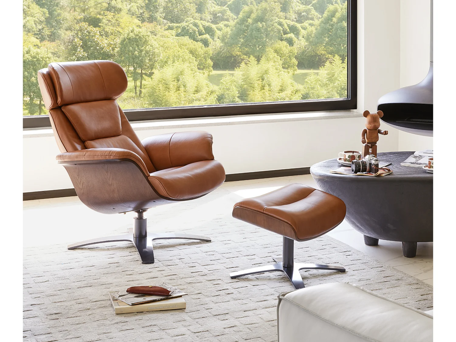 Fauteuil inclinable pivotant CHITA en cuir véritable, appui-tête et assise réglables, pour Salon – Selle-Marron