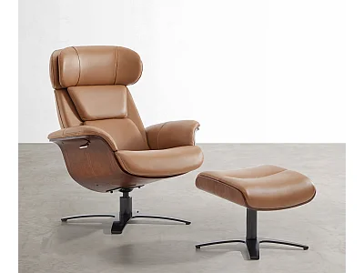 Fauteuil inclinable pivotant CHITA en cuir véritable, appui-tête et assise réglables, pour Salon – Selle-Marron