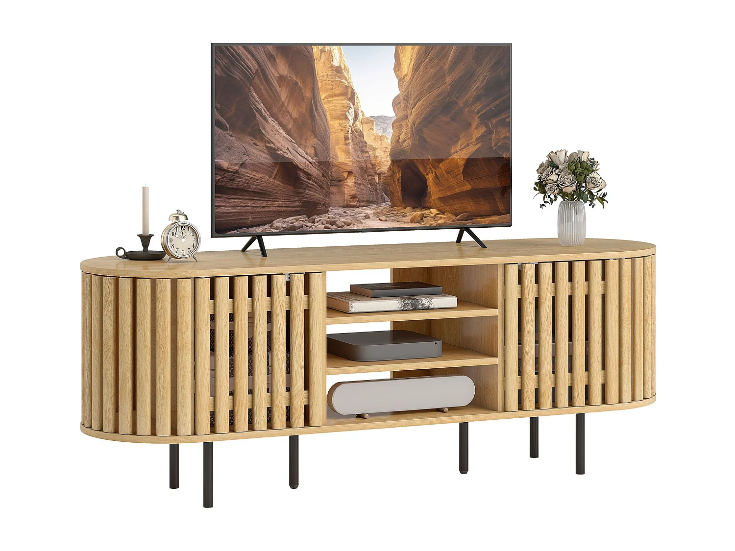 Meuble TV, meuble télé pour téléviseur 60 pouces, 2 portes à lattes, 140x40x52cm, bois naturel