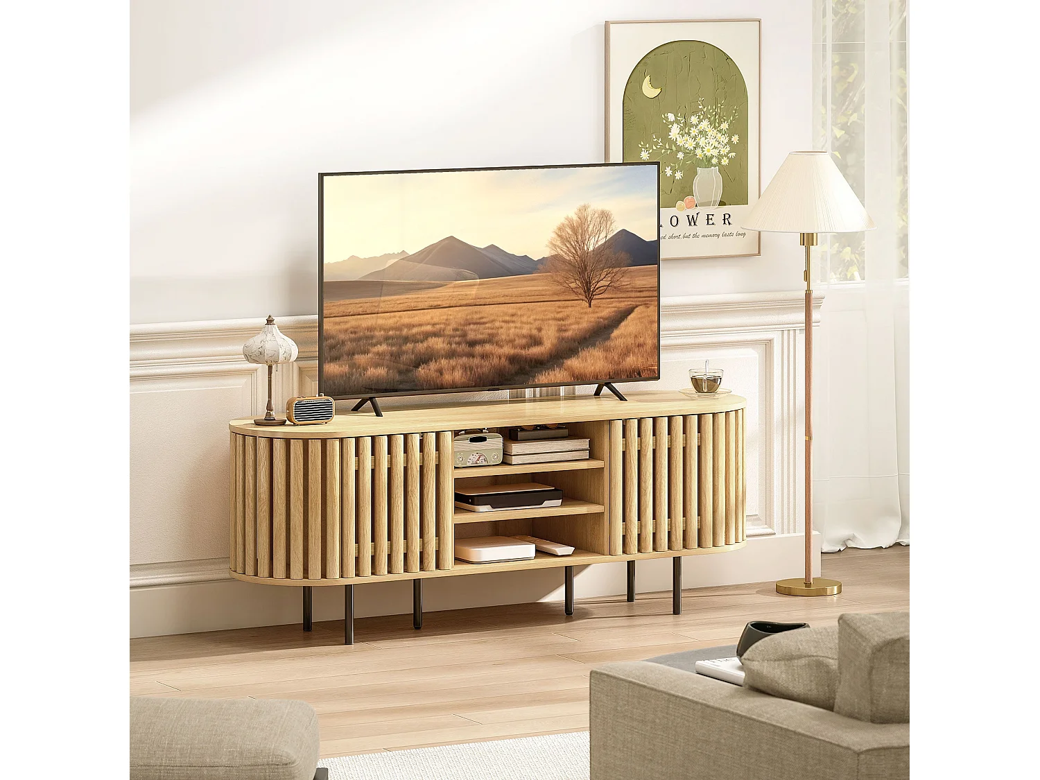 Meuble TV, meuble télé pour téléviseur 60 pouces, 2 portes à lattes, 140x40x52cm, bois naturel
