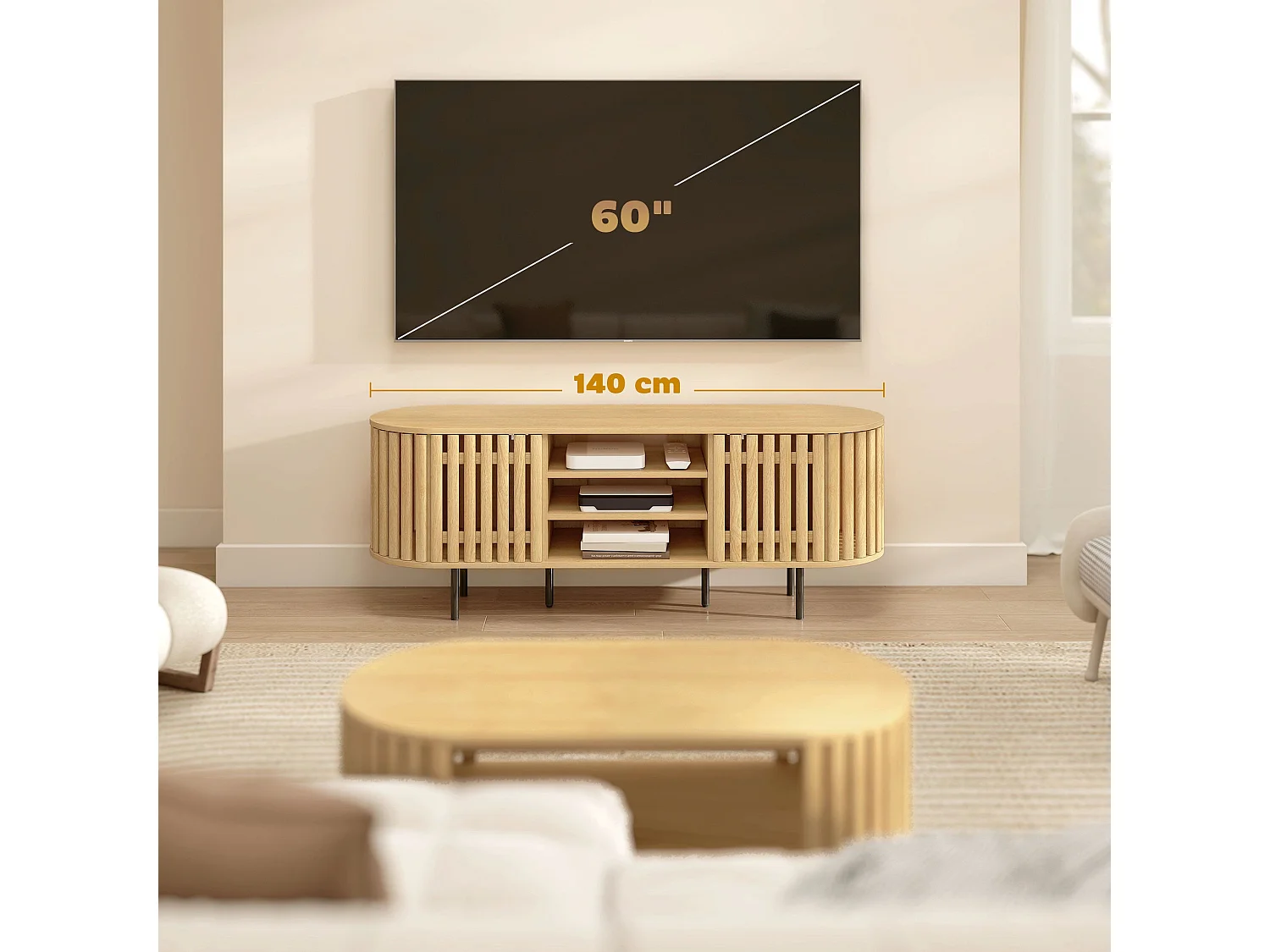 Meuble TV, meuble télé pour téléviseur 60 pouces, 2 portes à lattes, 140x40x52cm, bois naturel