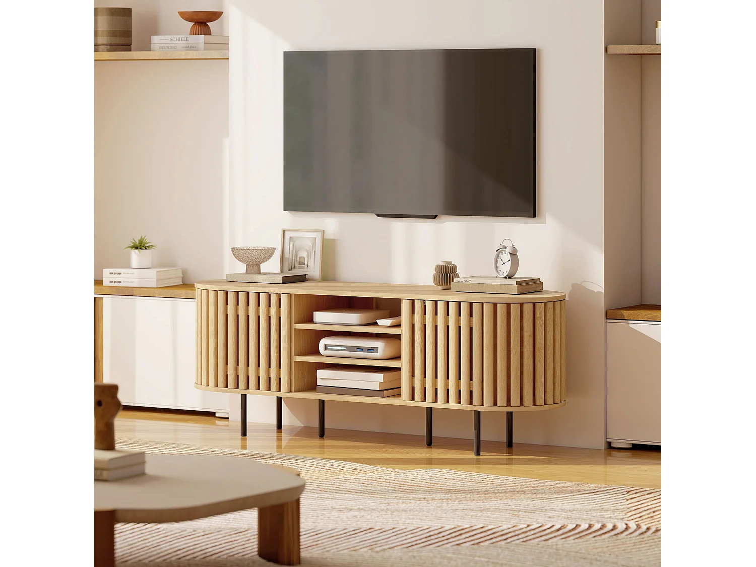 Meuble TV, meuble télé pour téléviseur 60 pouces, 2 portes à lattes, 140x40x52cm, bois naturel