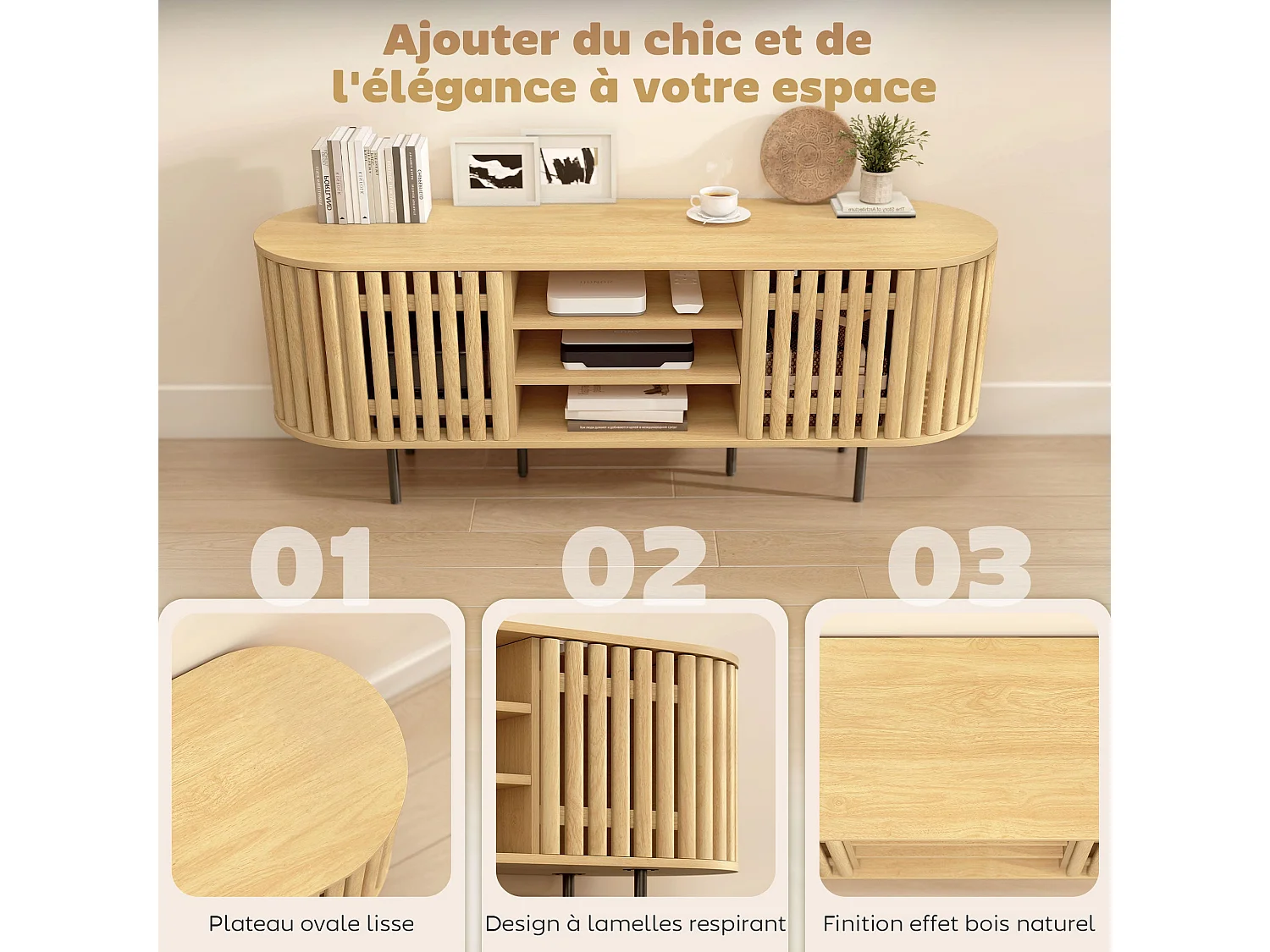 Meuble TV, meuble télé pour téléviseur 60 pouces, 2 portes à lattes, 140x40x52cm, bois naturel