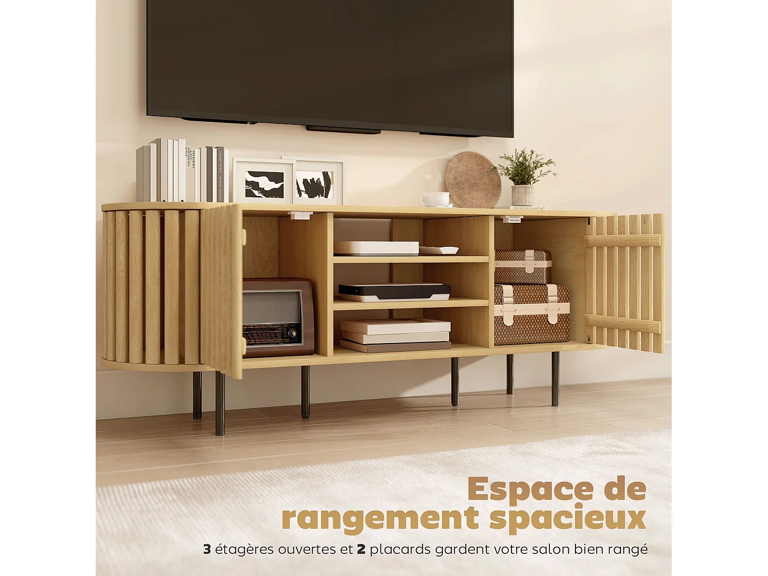 Meuble TV, meuble télé pour téléviseur 60 pouces, 2 portes à lattes, 140x40x52cm, bois naturel