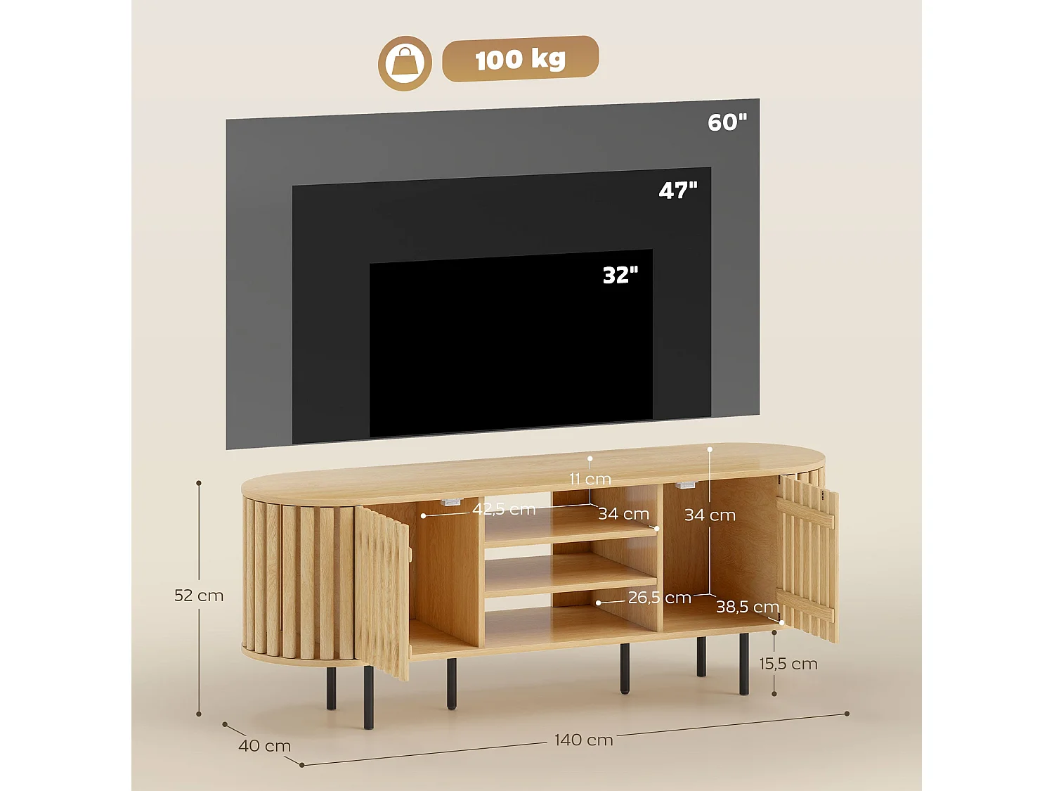 Meuble TV, meuble télé pour téléviseur 60 pouces, 2 portes à lattes, 140x40x52cm, bois naturel