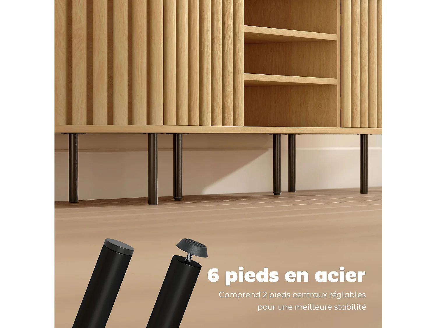 Meuble TV, meuble télé pour téléviseur 60 pouces, 2 portes à lattes, 140x40x52cm, bois naturel