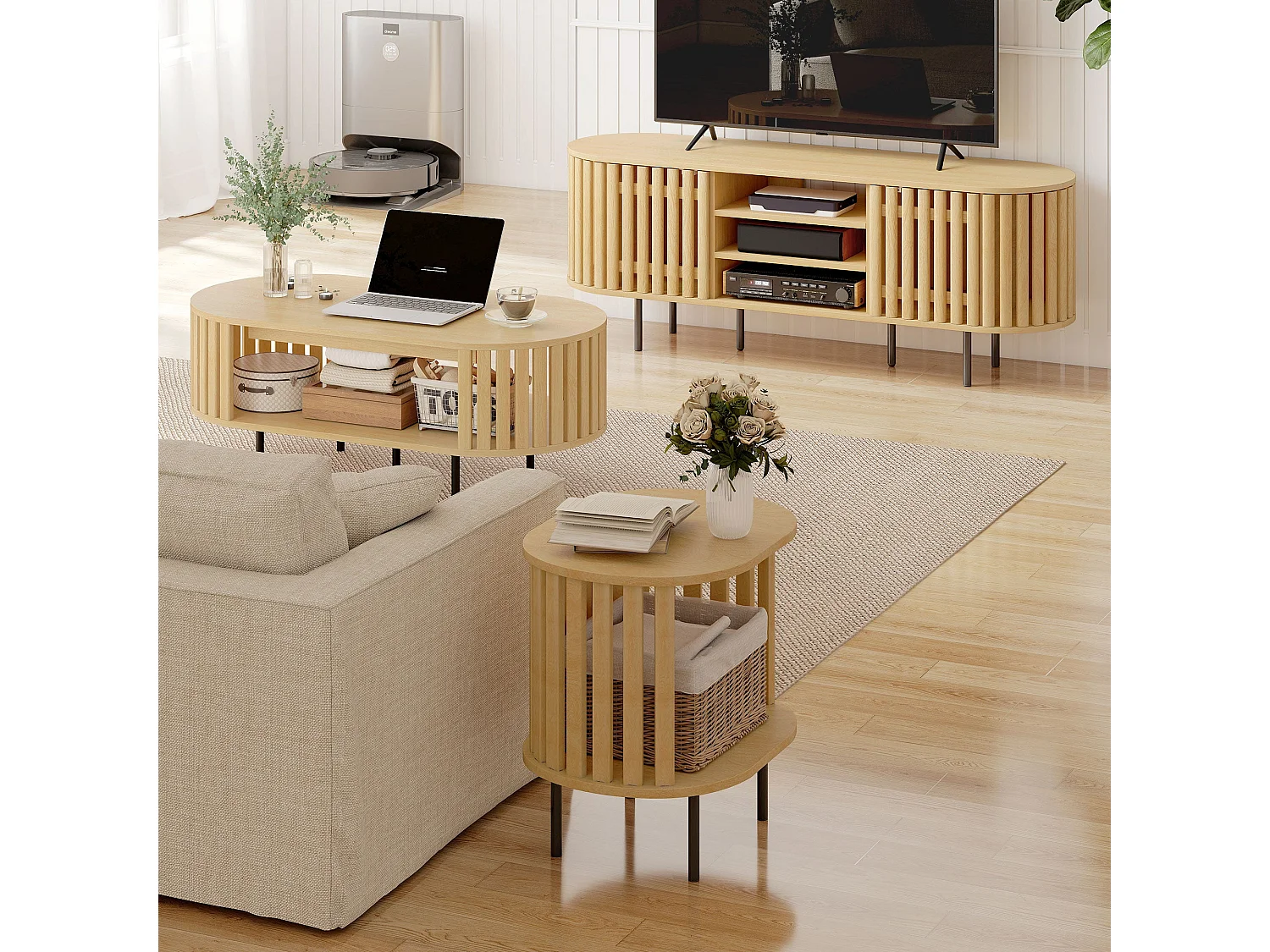 Meuble TV, meuble télé pour téléviseur 60 pouces, 2 portes à lattes, 140x40x52cm, bois naturel