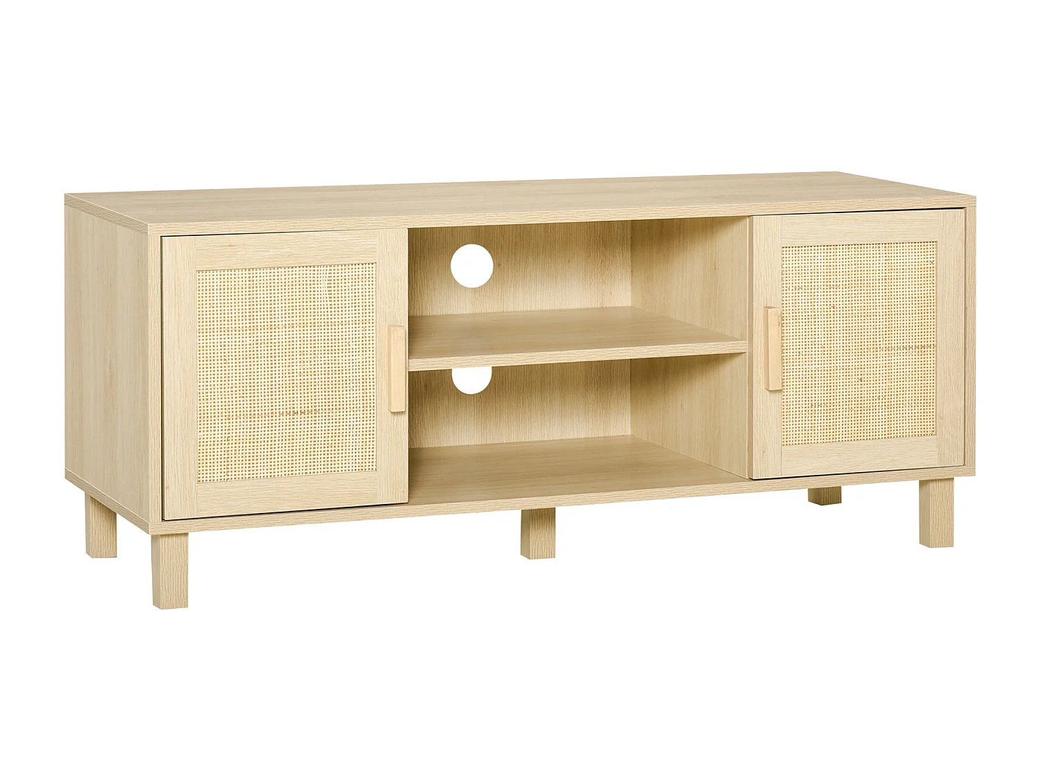Meuble TV Banc TV 2 niches 2 placards Porte cannage en rotin dim. 115L x 40l x 48H cm MDF Aspect Bois Clair