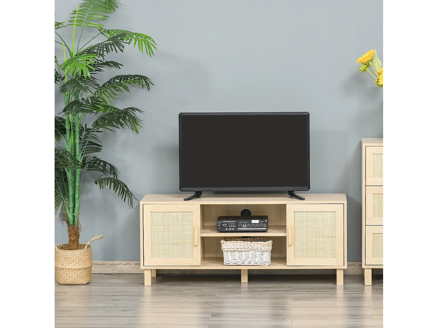 Meuble TV Banc TV 2 niches 2 placards Porte cannage en rotin dim. 115L x 40l x 48H cm MDF Aspect Bois Clair