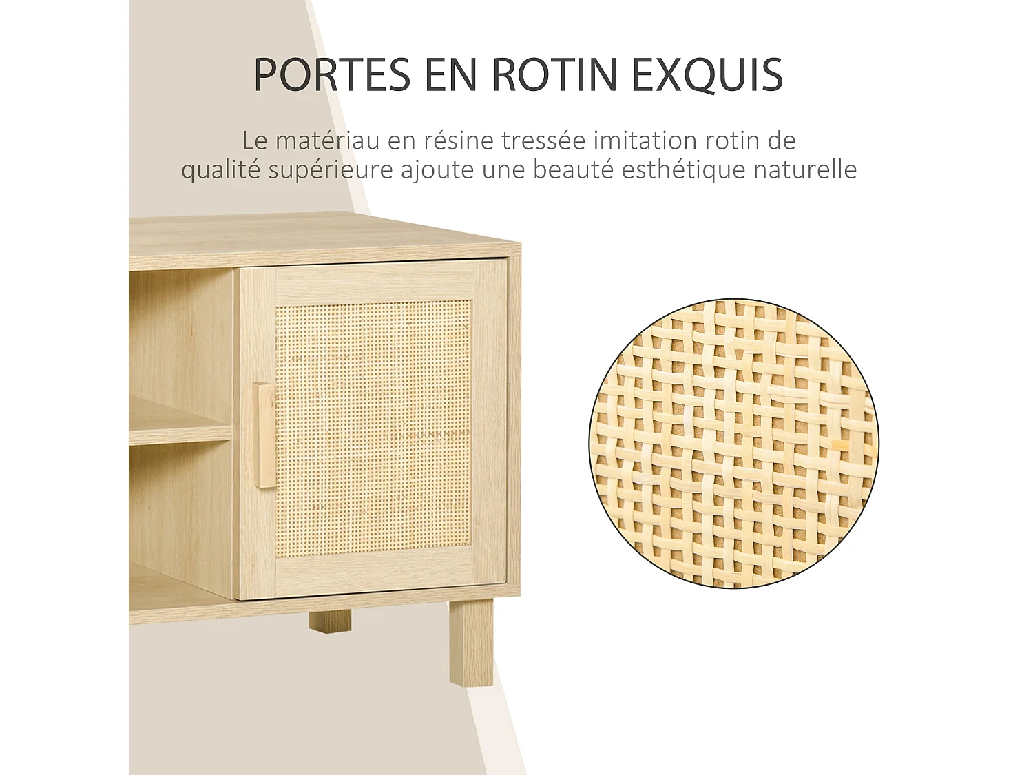 Meuble TV Banc TV 2 niches 2 placards Porte cannage en rotin dim. 115L x 40l x 48H cm MDF Aspect Bois Clair