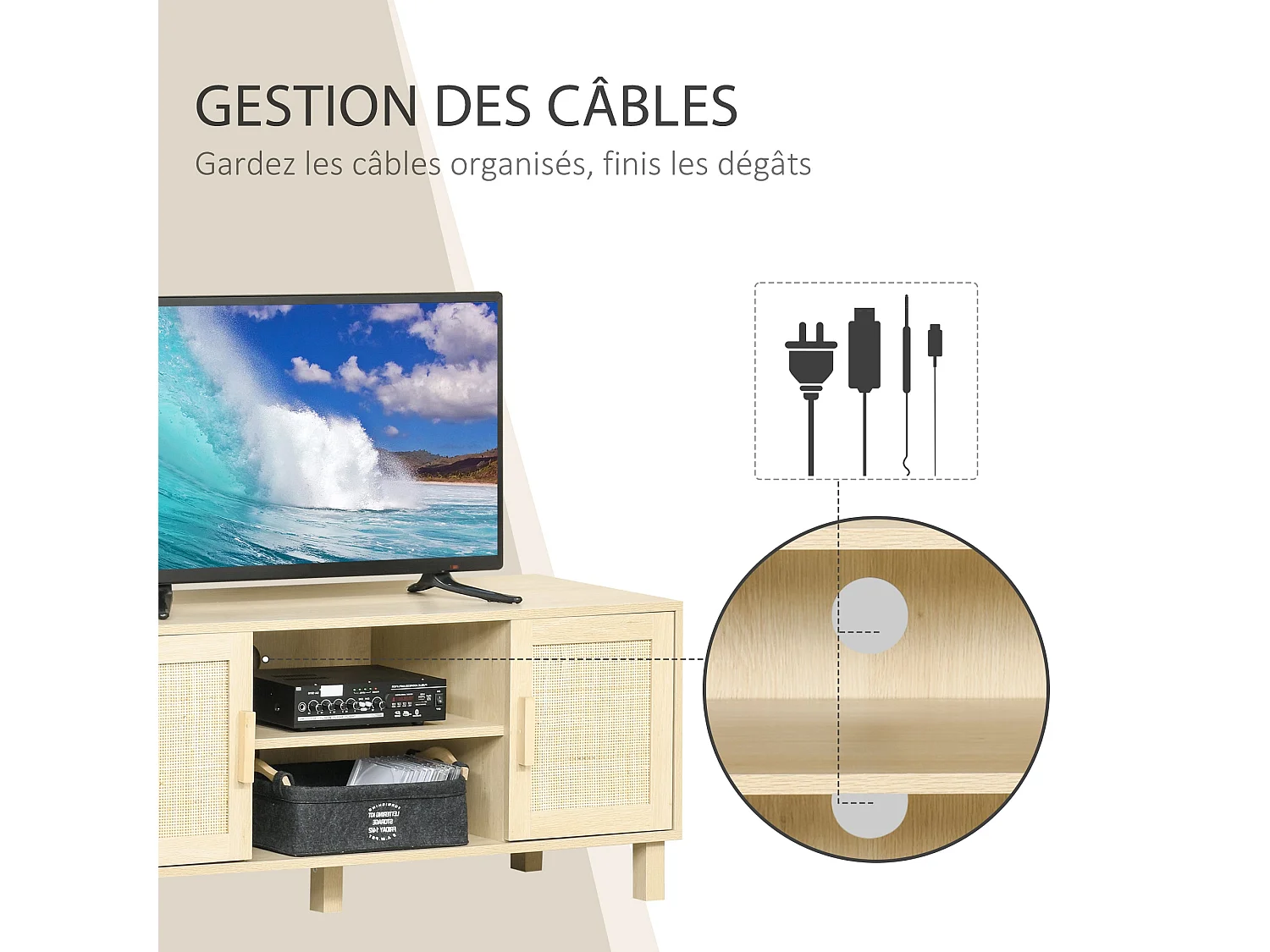 Meuble TV Banc TV 2 niches 2 placards Porte cannage en rotin dim. 115L x 40l x 48H cm MDF Aspect Bois Clair