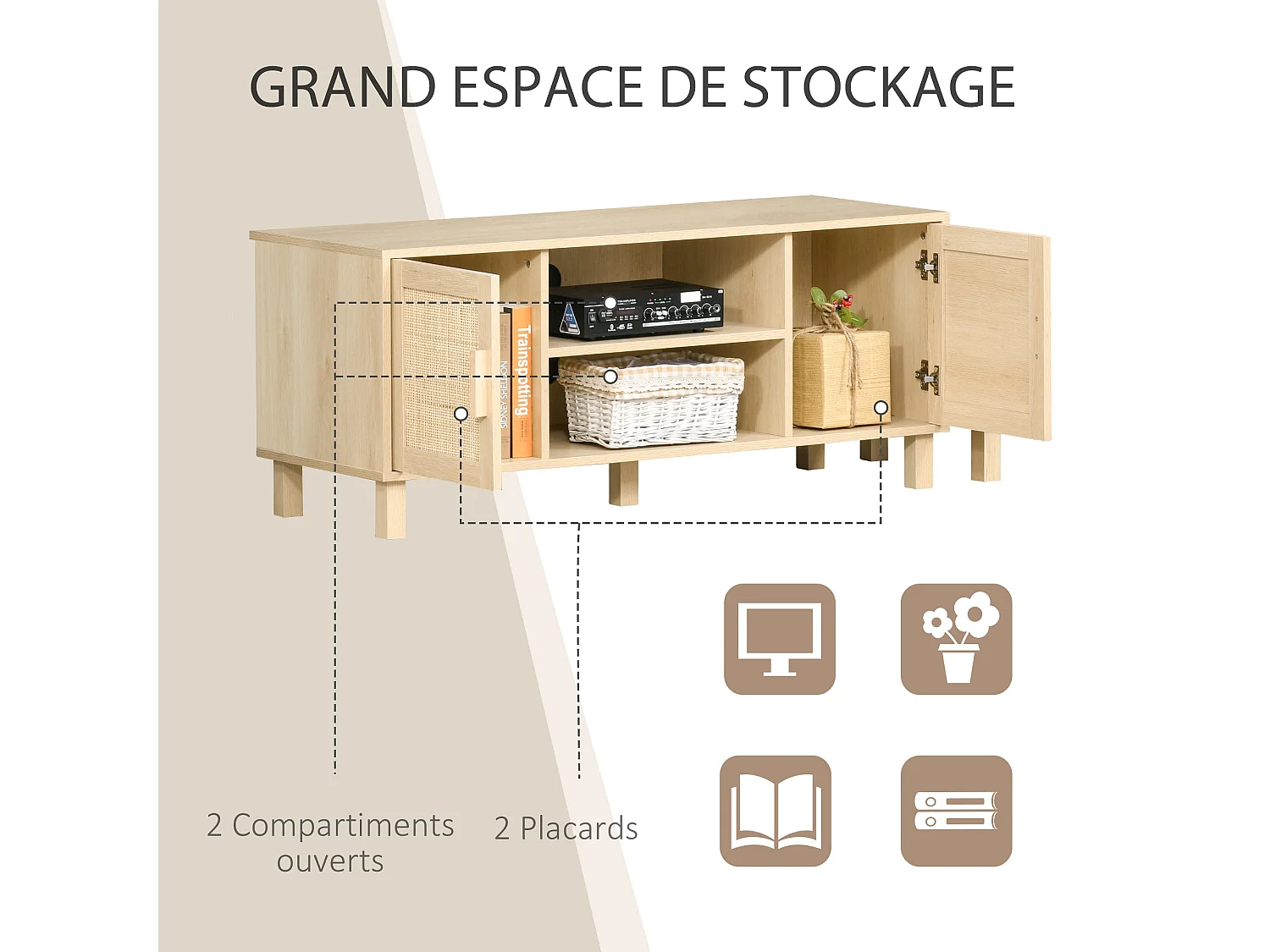 Meuble TV Banc TV 2 niches 2 placards Porte cannage en rotin dim. 115L x 40l x 48H cm MDF Aspect Bois Clair