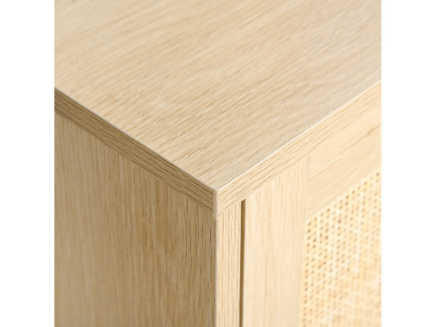 Meuble TV Banc TV 2 niches 2 placards Porte cannage en rotin dim. 115L x 40l x 48H cm MDF Aspect Bois Clair