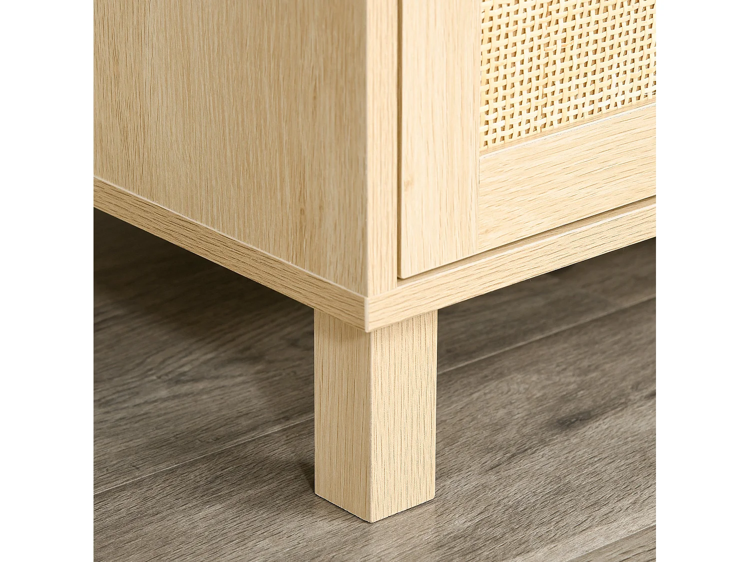 Meuble TV Banc TV 2 niches 2 placards Porte cannage en rotin dim. 115L x 40l x 48H cm MDF Aspect Bois Clair