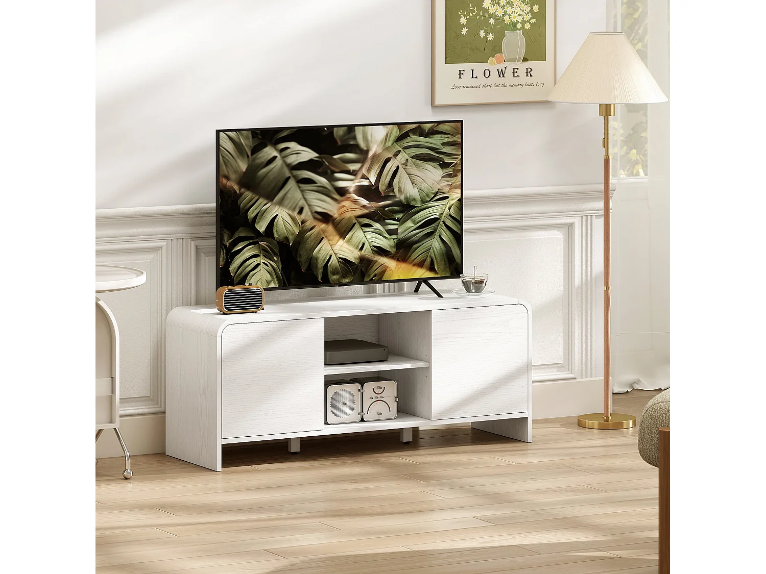 Meuble TV meuble télé pour téléviseur jusqu'à 55 pouces 2 portes 2 compartiments étagère réglable 110x35x45cm blanc
