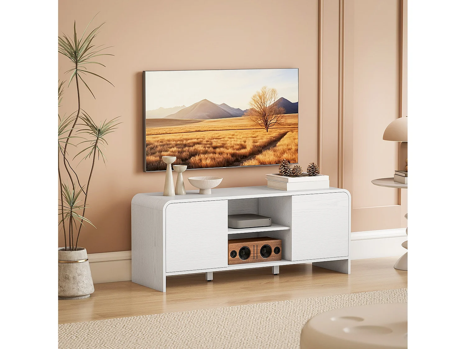 Meuble TV meuble télé pour téléviseur jusqu'à 55 pouces 2 portes 2 compartiments étagère réglable 110x35x45cm blanc