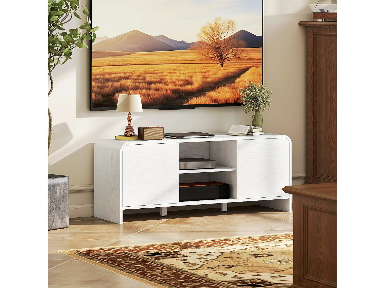 Meuble TV meuble télé pour téléviseur jusqu'à 55 pouces 2 portes 2 compartiments étagère réglable 110x35x45cm blanc