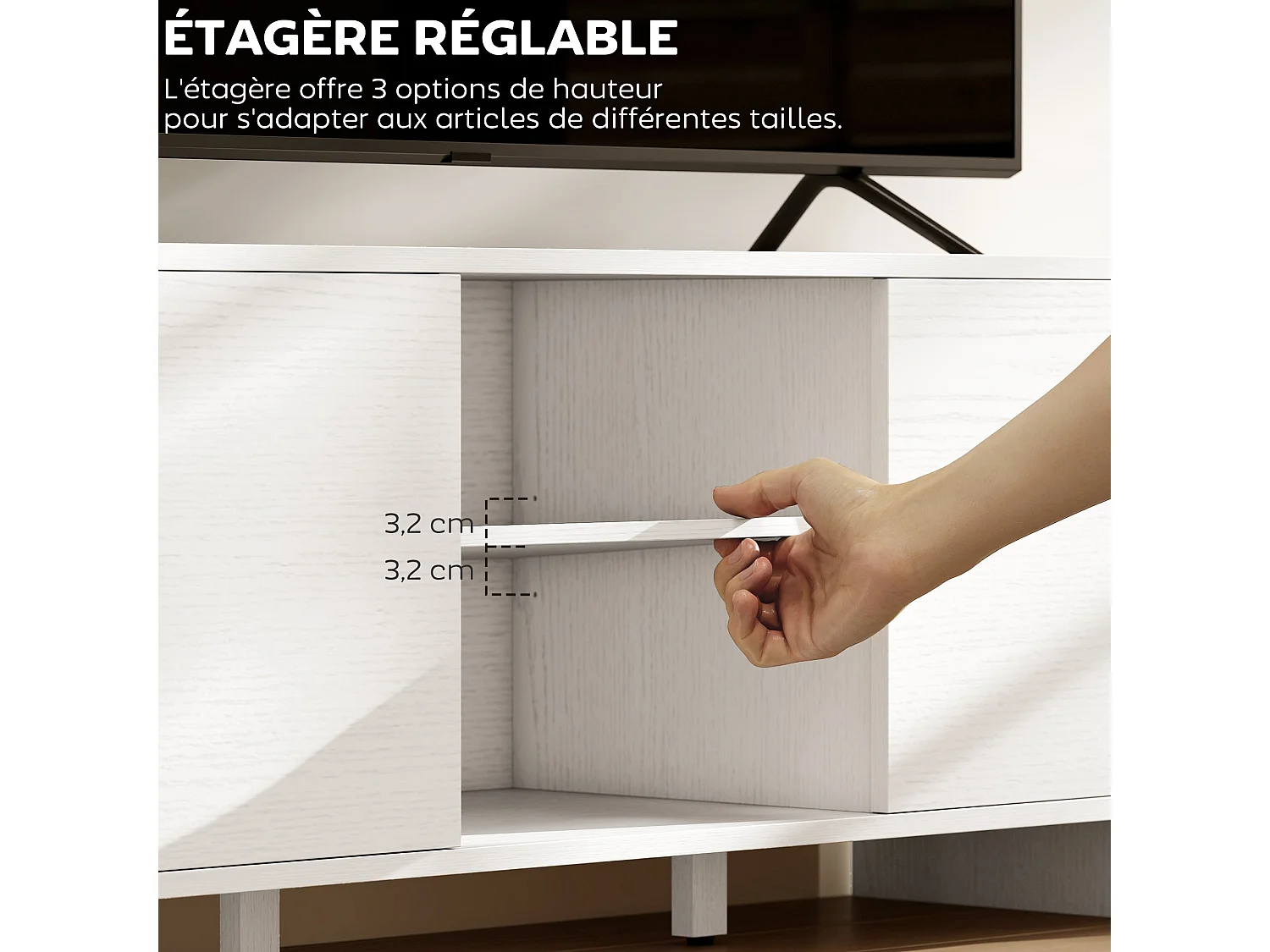 Meuble TV meuble télé pour téléviseur jusqu'à 55 pouces 2 portes 2 compartiments étagère réglable 110x35x45cm blanc