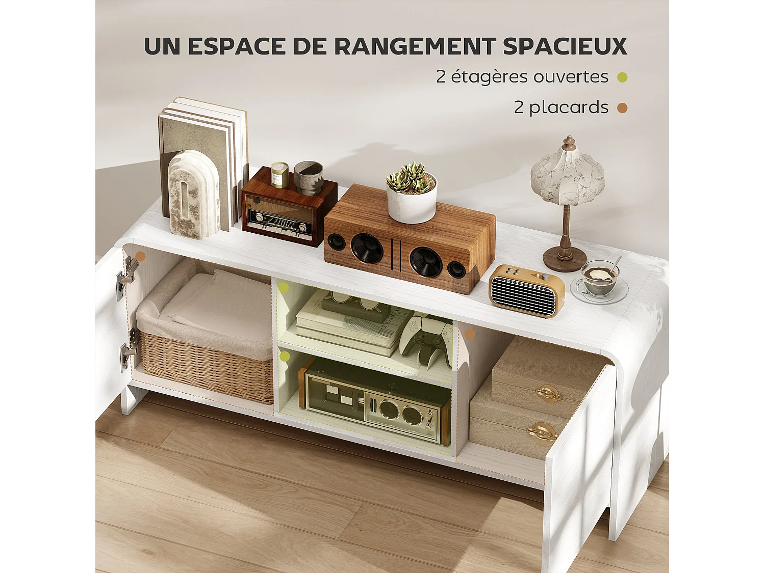 Meuble TV meuble télé pour téléviseur jusqu'à 55 pouces 2 portes 2 compartiments étagère réglable 110x35x45cm blanc