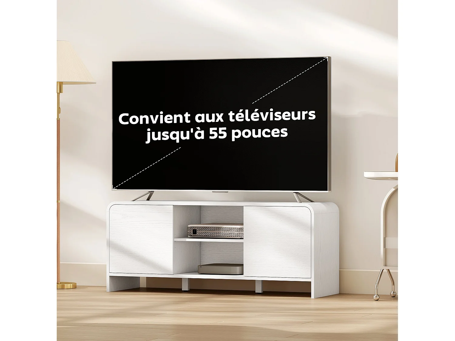 Meuble TV meuble télé pour téléviseur jusqu'à 55 pouces 2 portes 2 compartiments étagère réglable 110x35x45cm blanc