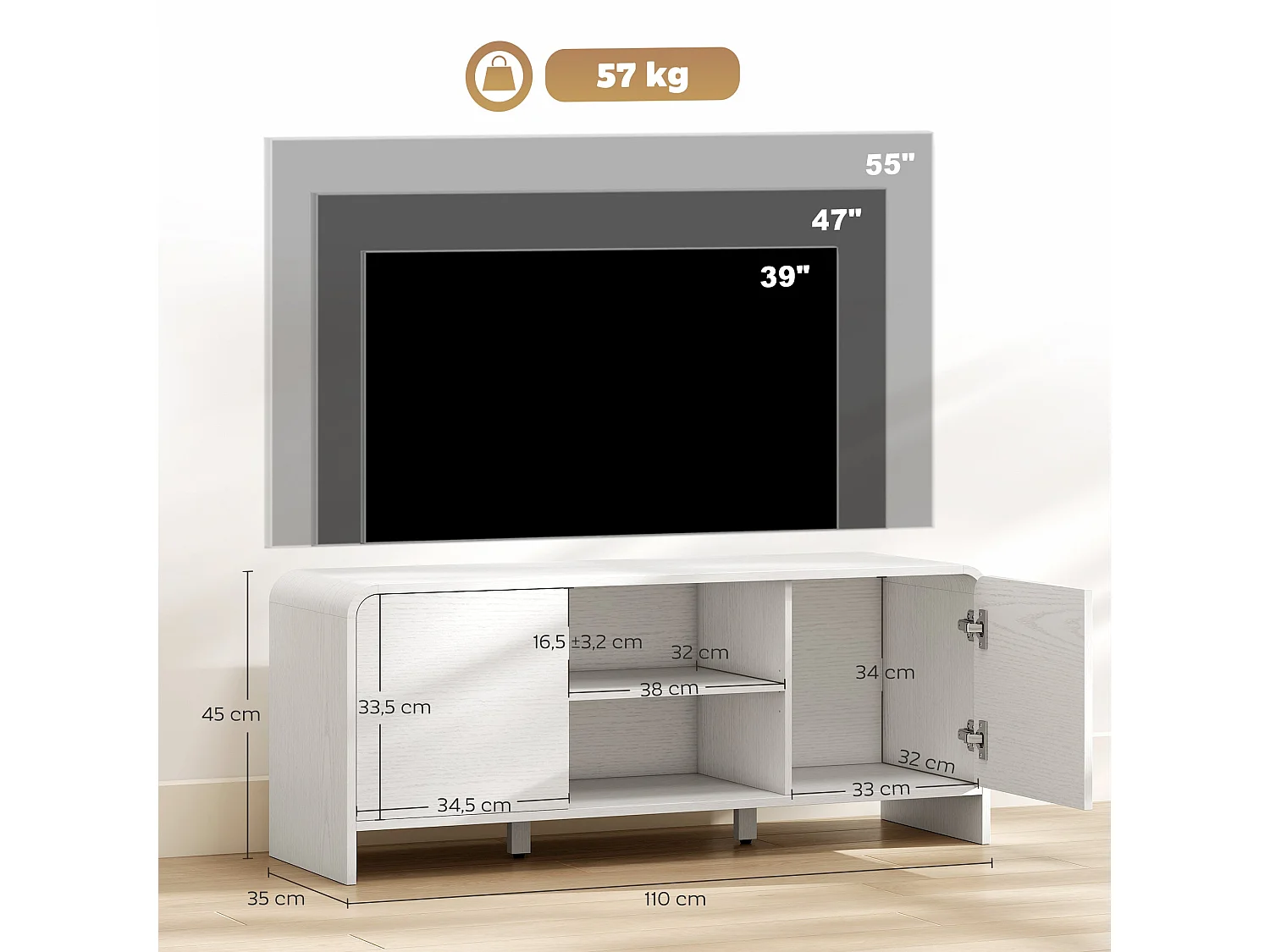Meuble TV meuble télé pour téléviseur jusqu'à 55 pouces 2 portes 2 compartiments étagère réglable 110x35x45cm blanc