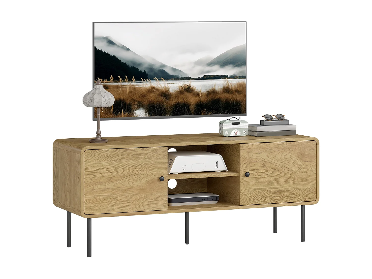 Meuble TV, meuble télé jusqu'à 55 pouces avec 2 portes, 2 compartiments ouverts, pieds en acier, 120x40x50cm, chêne