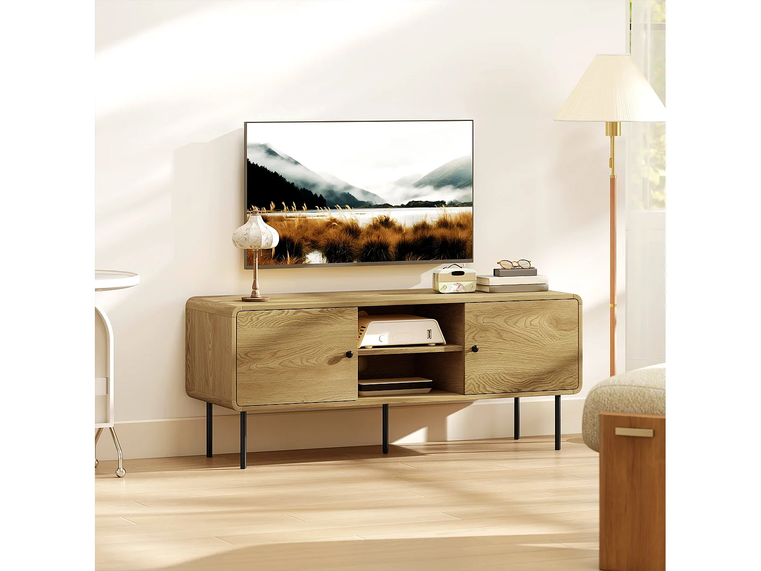 Meuble TV, meuble télé jusqu'à 55 pouces avec 2 portes, 2 compartiments ouverts, pieds en acier, 120x40x50cm, chêne
