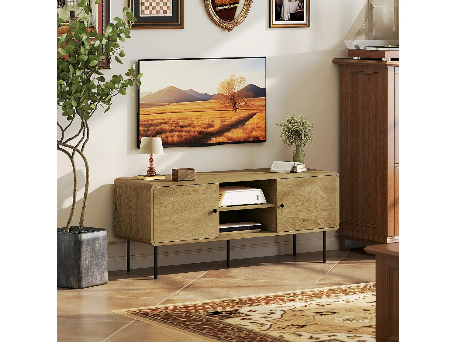 Meuble TV, meuble télé jusqu'à 55 pouces avec 2 portes, 2 compartiments ouverts, pieds en acier, 120x40x50cm, chêne