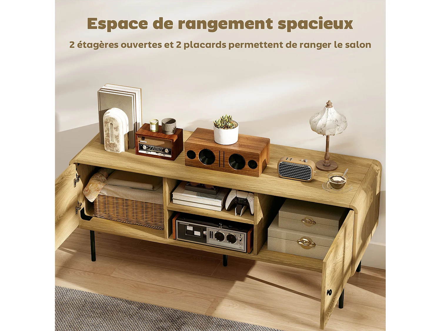 Meuble TV, meuble télé jusqu'à 55 pouces avec 2 portes, 2 compartiments ouverts, pieds en acier, 120x40x50cm, chêne