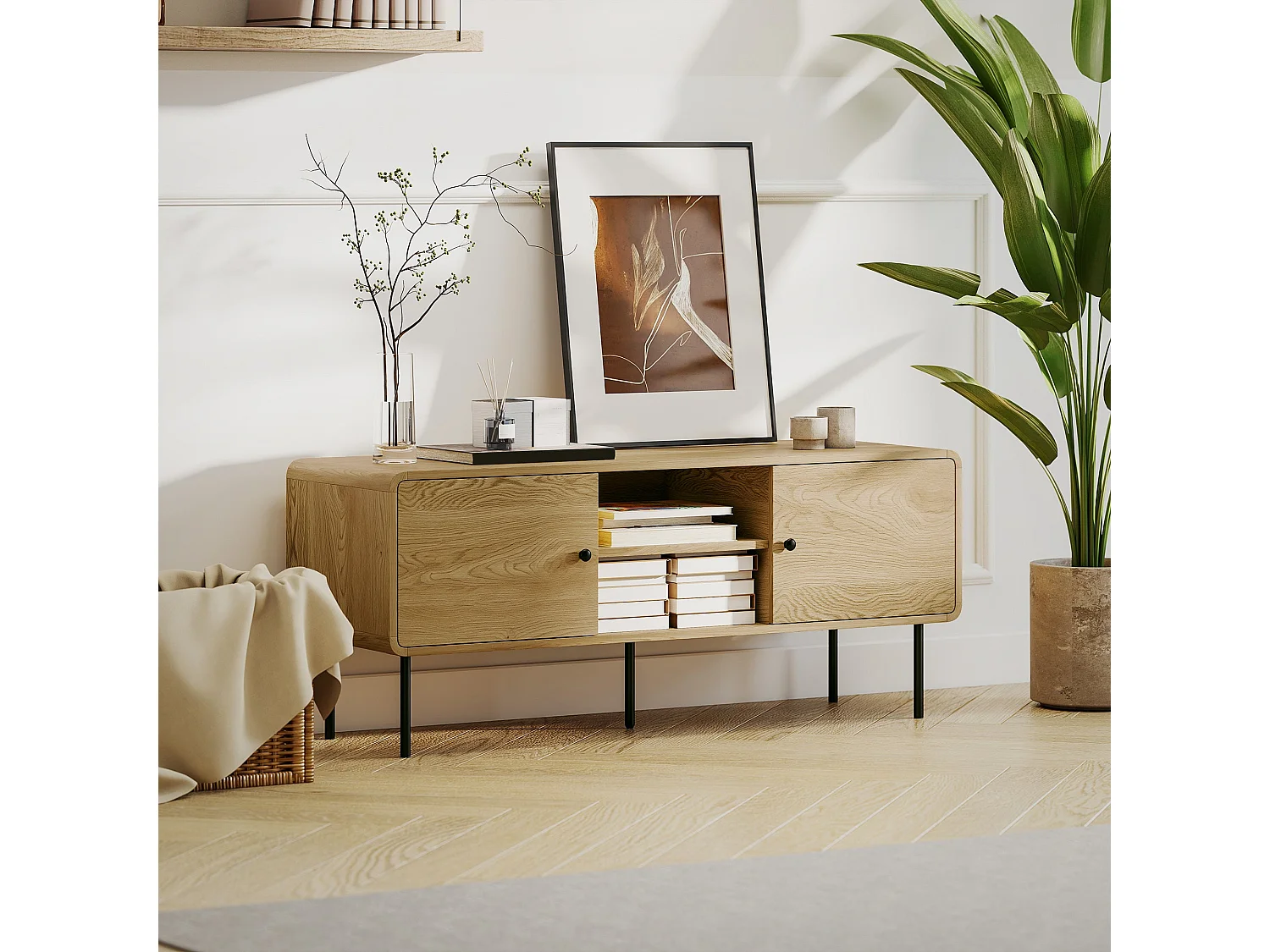 Meuble TV, meuble télé jusqu'à 55 pouces avec 2 portes, 2 compartiments ouverts, pieds en acier, 120x40x50cm, chêne