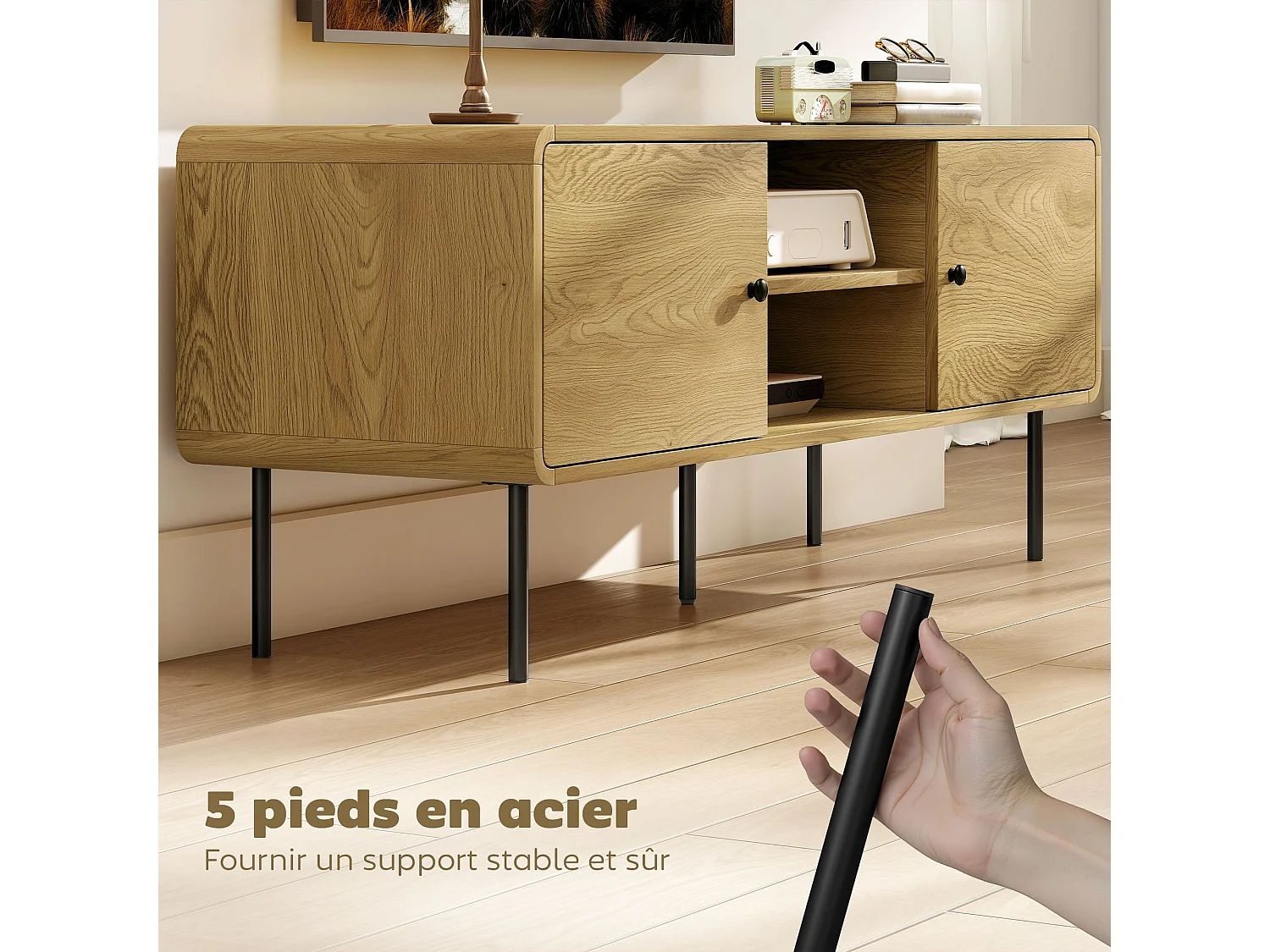 Meuble TV, meuble télé jusqu'à 55 pouces avec 2 portes, 2 compartiments ouverts, pieds en acier, 120x40x50cm, chêne