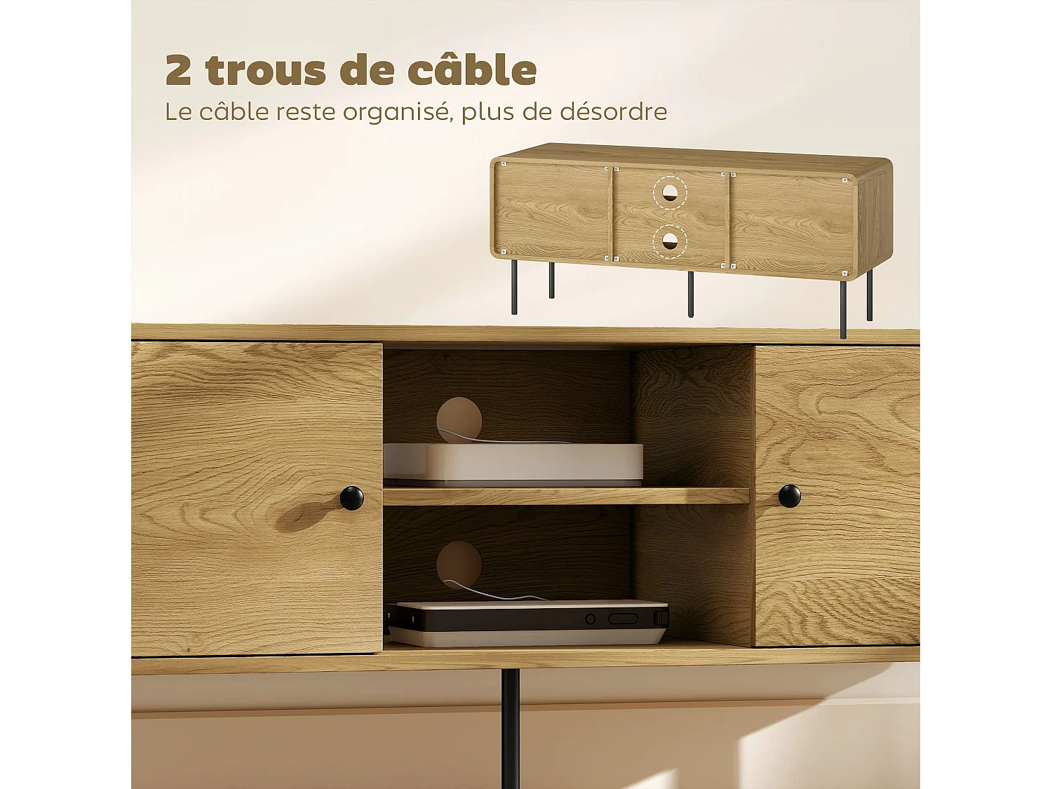 Meuble TV, meuble télé jusqu'à 55 pouces avec 2 portes, 2 compartiments ouverts, pieds en acier, 120x40x50cm, chêne