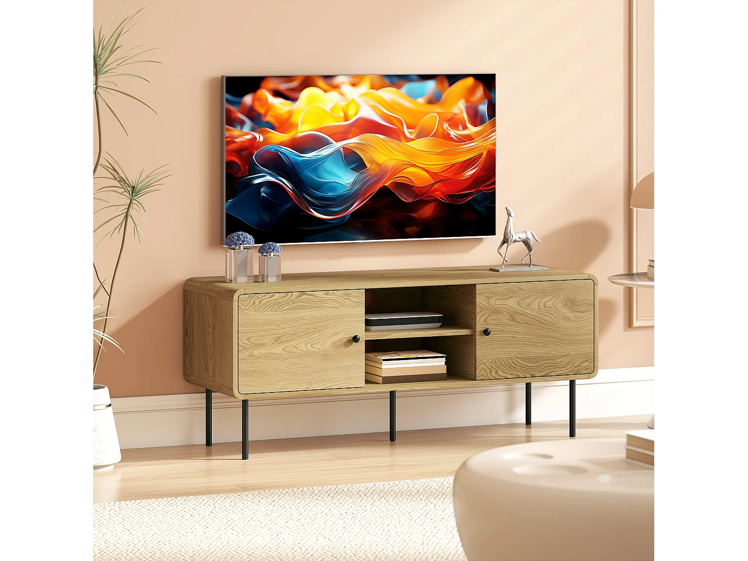 Meuble TV, meuble télé jusqu'à 55 pouces avec 2 portes, 2 compartiments ouverts, pieds en acier, 120x40x50cm, chêne
