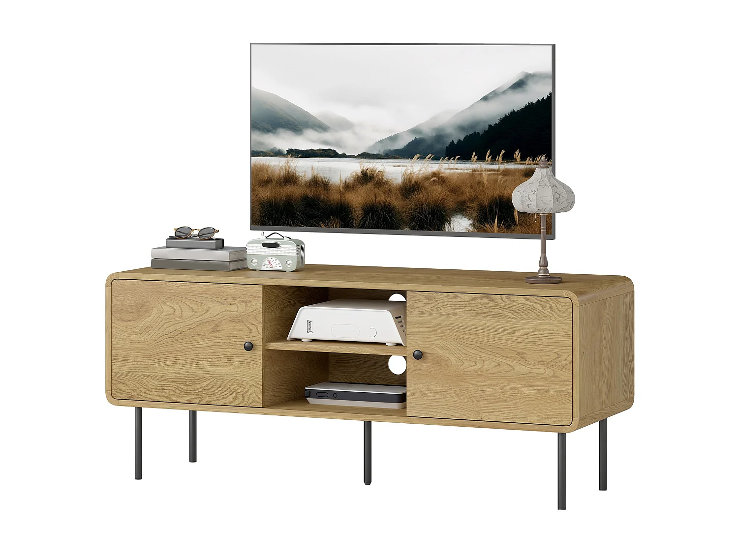 Meuble TV, meuble télé jusqu'à 55 pouces avec 2 portes, 2 compartiments ouverts, pieds en acier, 120x40x50cm, chêne