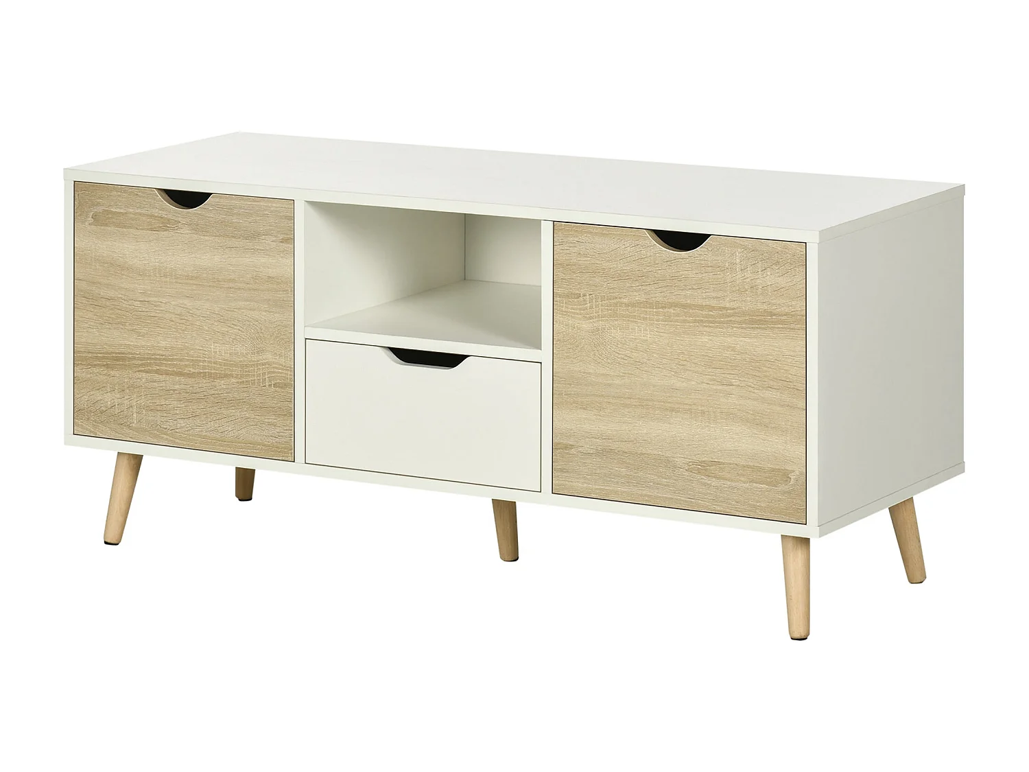 Meuble TV moderne pour téléviseur jusqu'à 50 pouces avec tiroir, étagère ouverte et 2 placards, pieds en pin massif (5 pieds), 110 x 40 x 50 cm, blanc et bois.