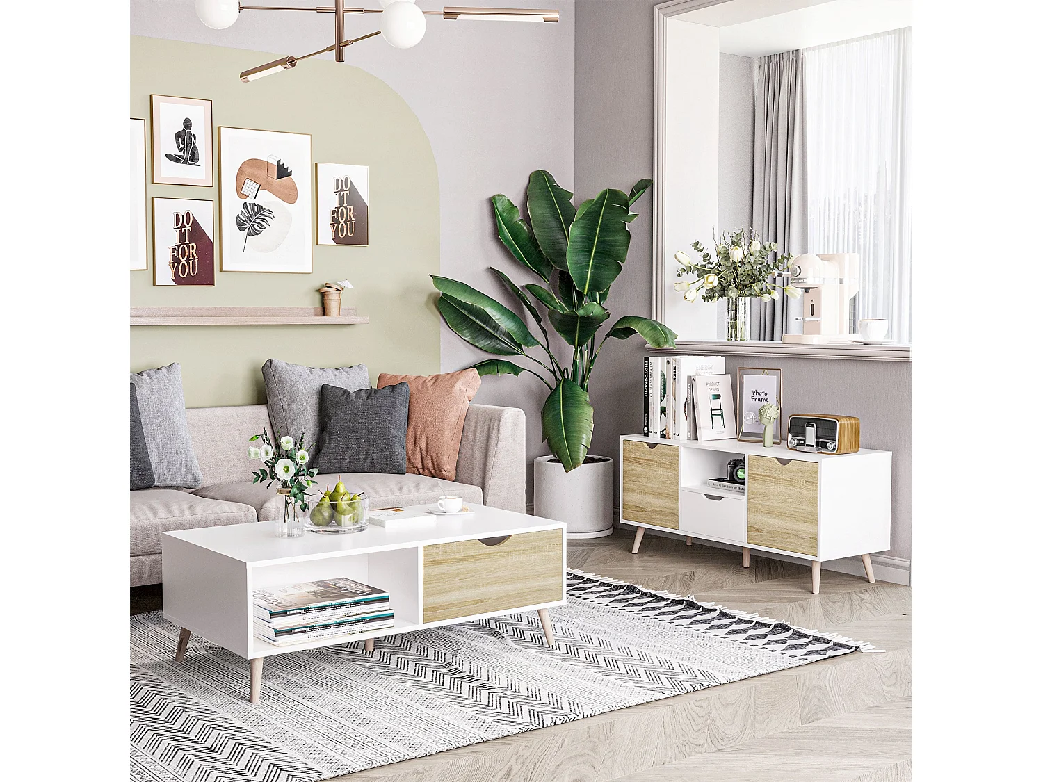 Meuble TV moderne pour téléviseur jusqu'à 50 pouces avec tiroir, étagère ouverte et 2 placards, pieds en pin massif (5 pieds), 110 x 40 x 50 cm, blanc et bois.