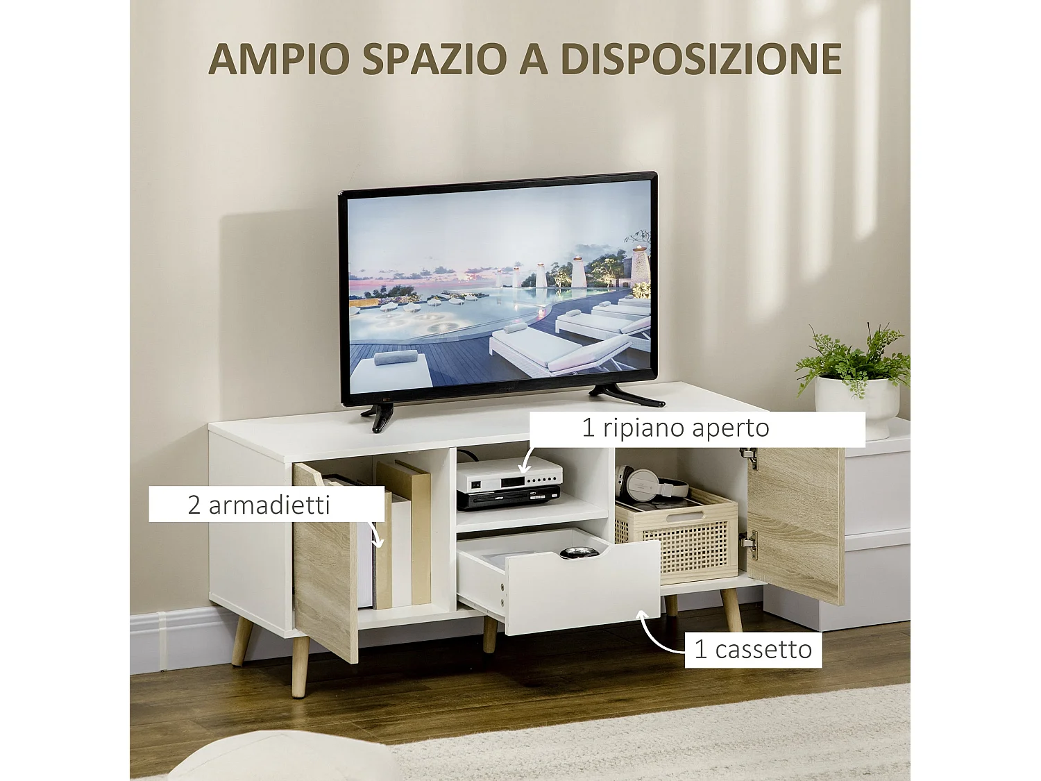 Meuble TV moderne pour téléviseur jusqu'à 50 pouces avec tiroir, étagère ouverte et 2 placards, pieds en pin massif (5 pieds), 110 x 40 x 50 cm, blanc et bois.